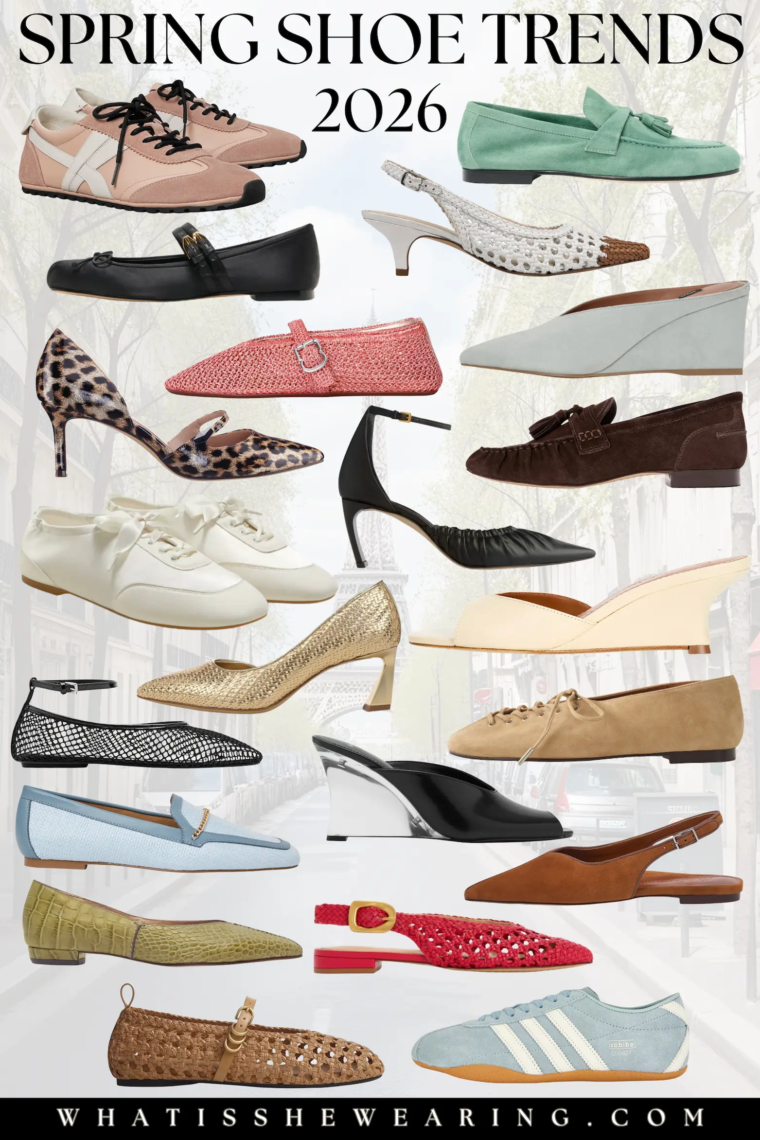 7 Chic Spring Shoe Trends 2026 Collage Collage of chic spring shoe trends 2026 for women including slim suede sneakers, ballet flats, woven flats, wedge mules, loafers, and slingbacks.