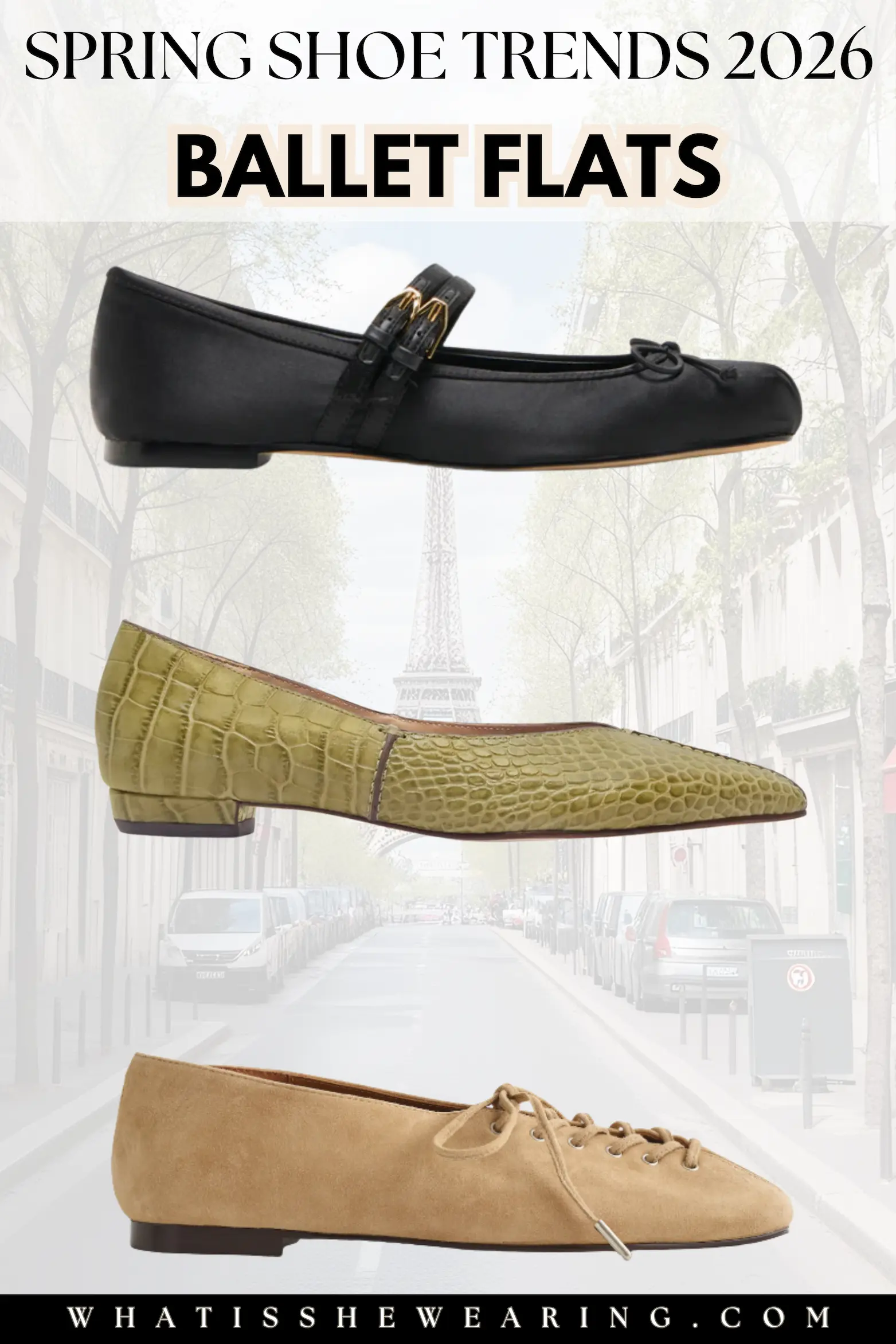 Ballerina Flats – Effortless Spring Essential Flat lay featuring three ballet flats as a top spring shoe trend 2026, feminine and comfortable, Parisian chic