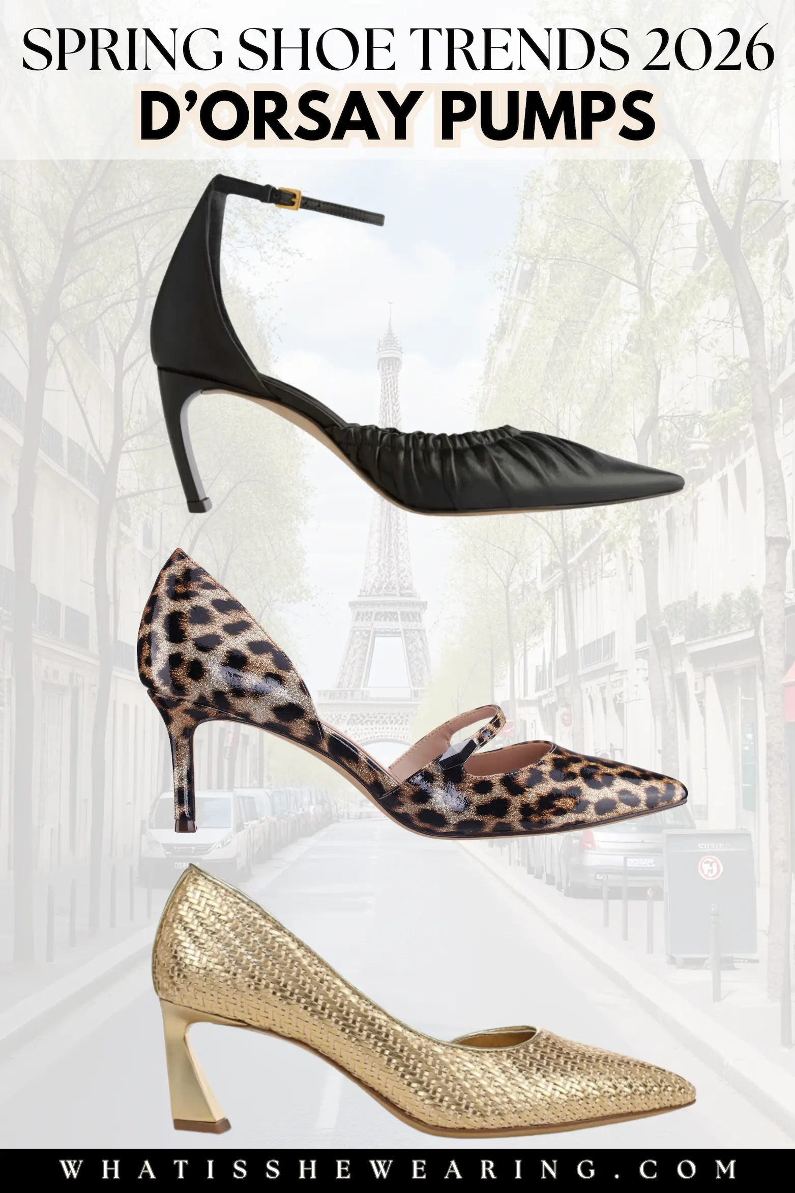 D'Orsay Pumps – Elevated Spring Finish Flat lay of three d'Orsay kitten heel pumps as the perfect polished spring 2026 shoe trend for women