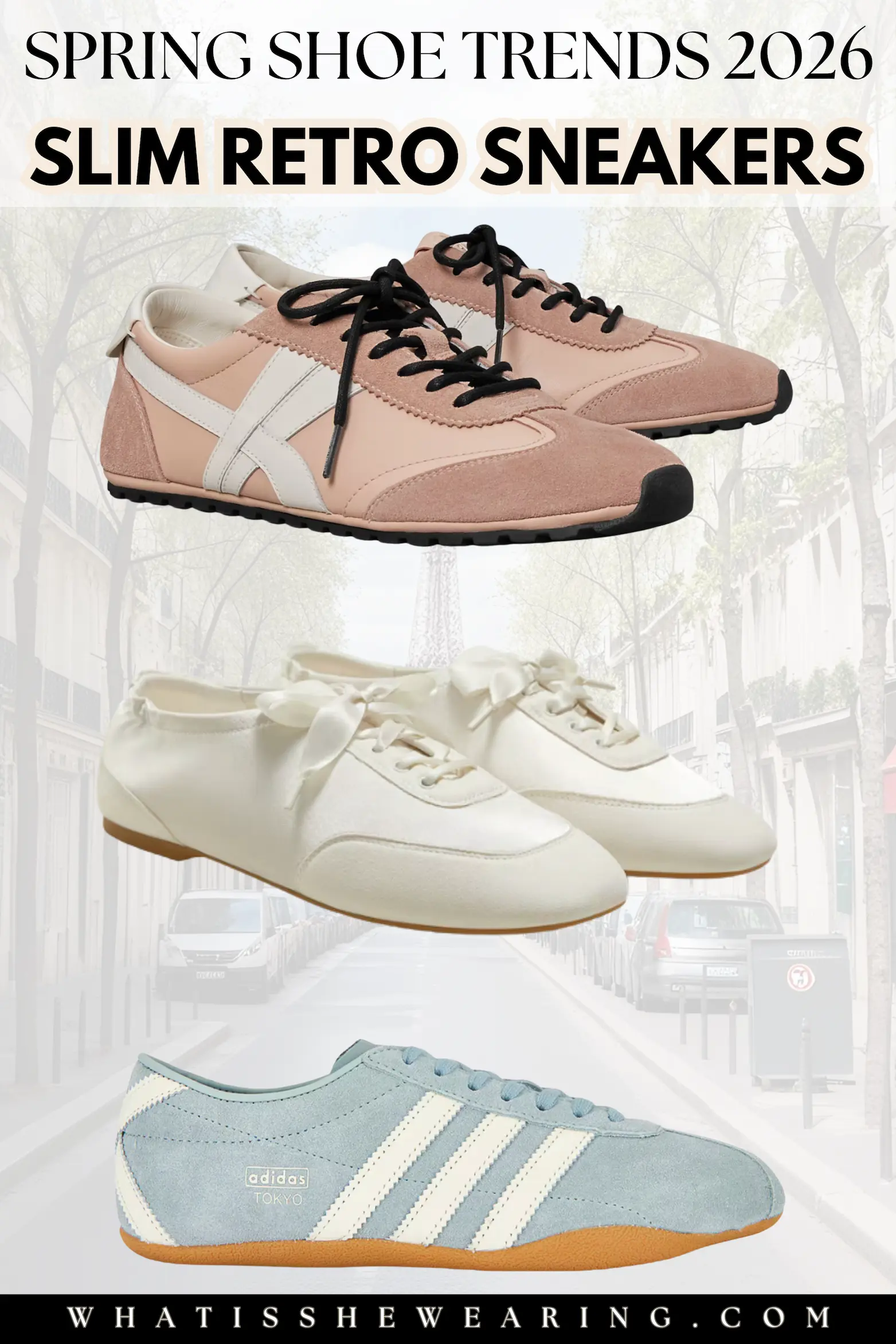Slim Retro Sneakers – Spring 2026 Trend Flat lay of three slim retro sneakers curated picks for spring shoe trends 2026, minimalist and chic style