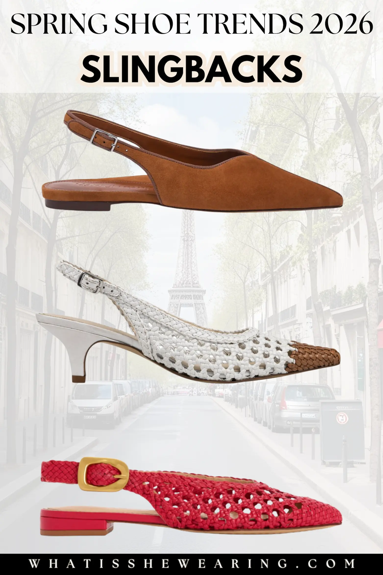 Slingbacks – Classic Spring Sophistication Flat lay showcasing three slingback shoes for spring shoe trends 2026, versatile and ladylike