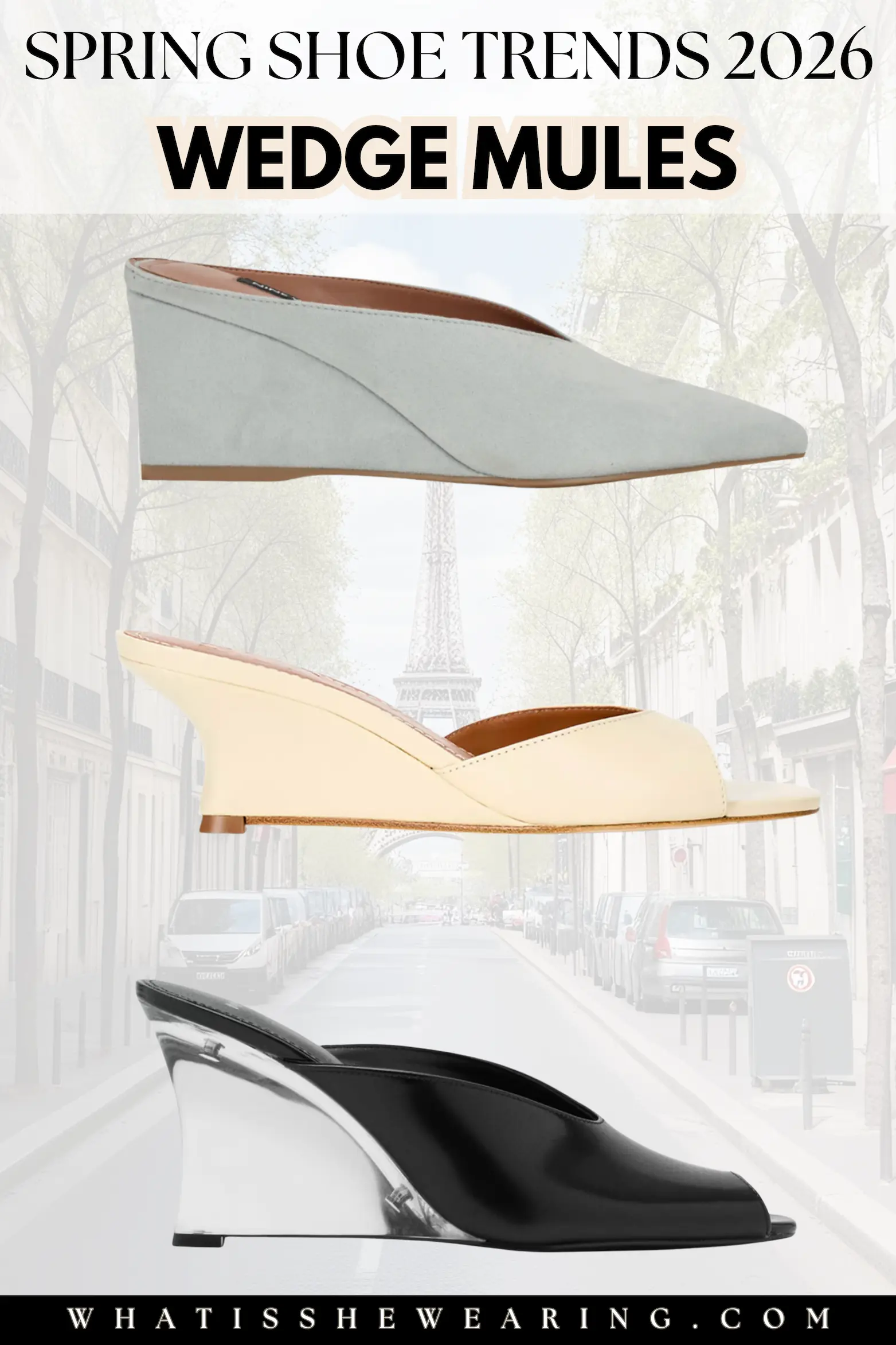 Wedge Mules – Comfortable Elevated Spring Pick Flat lay of three wedge mules as a chic spring 2026 shoe trend, walkable height with effortless style