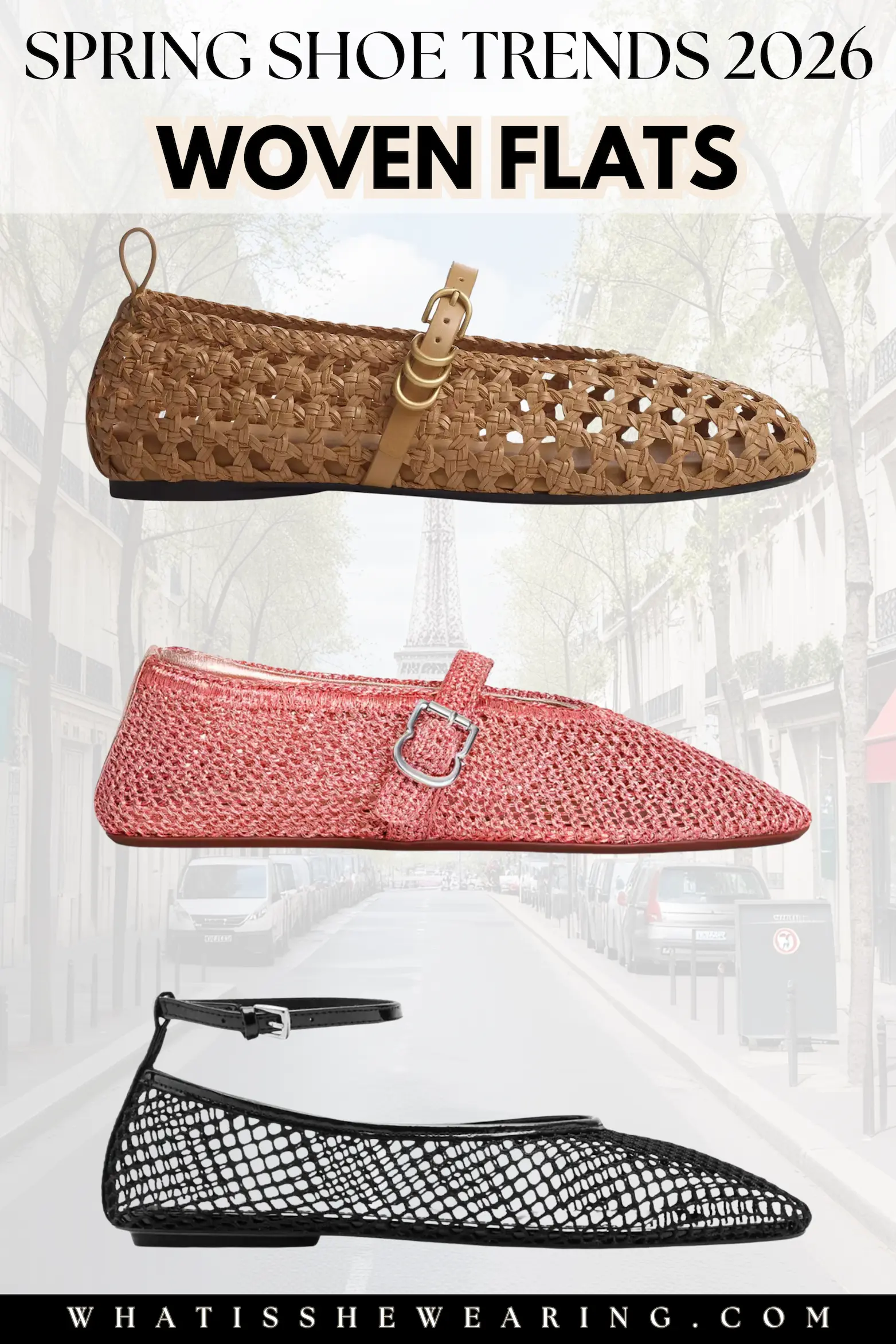 Woven Flats – Textured Spring Must-Have Flat lay of three woven flats highlighting spring 2026 shoe trends, breezy and summery details