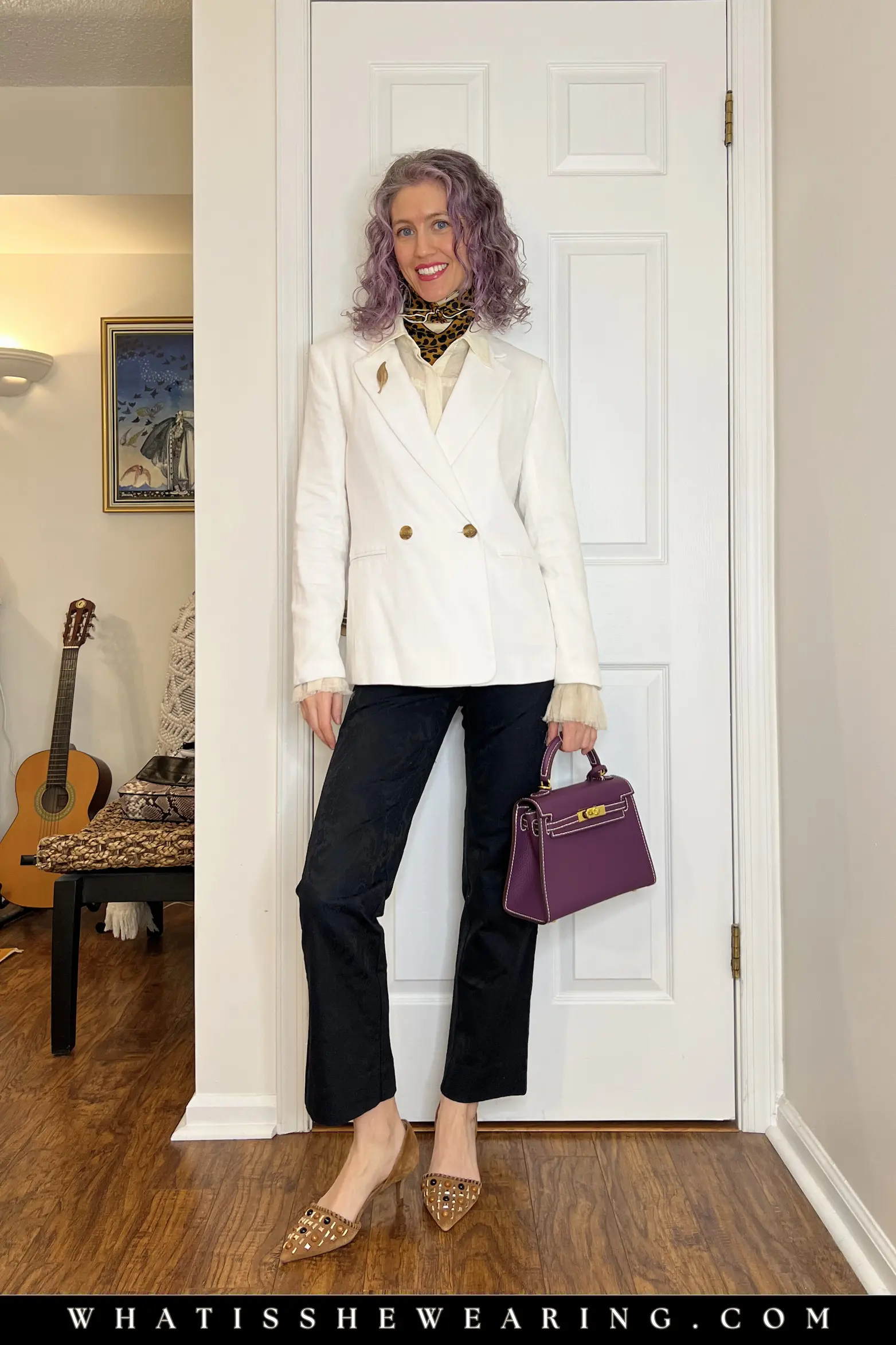 Outfit Idea 4: White Blazer with Brocade Pants & Leopard Accent Woman in white double-breasted blazer, black brocade cropped pants, leopard print neck scarf, suede studded pumps, and purple purse – textured modern classic look