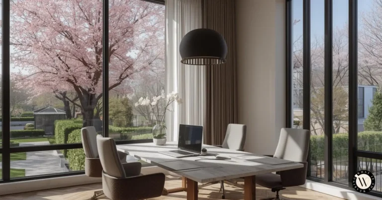 A stylish corporate office on a beautiful spring day.