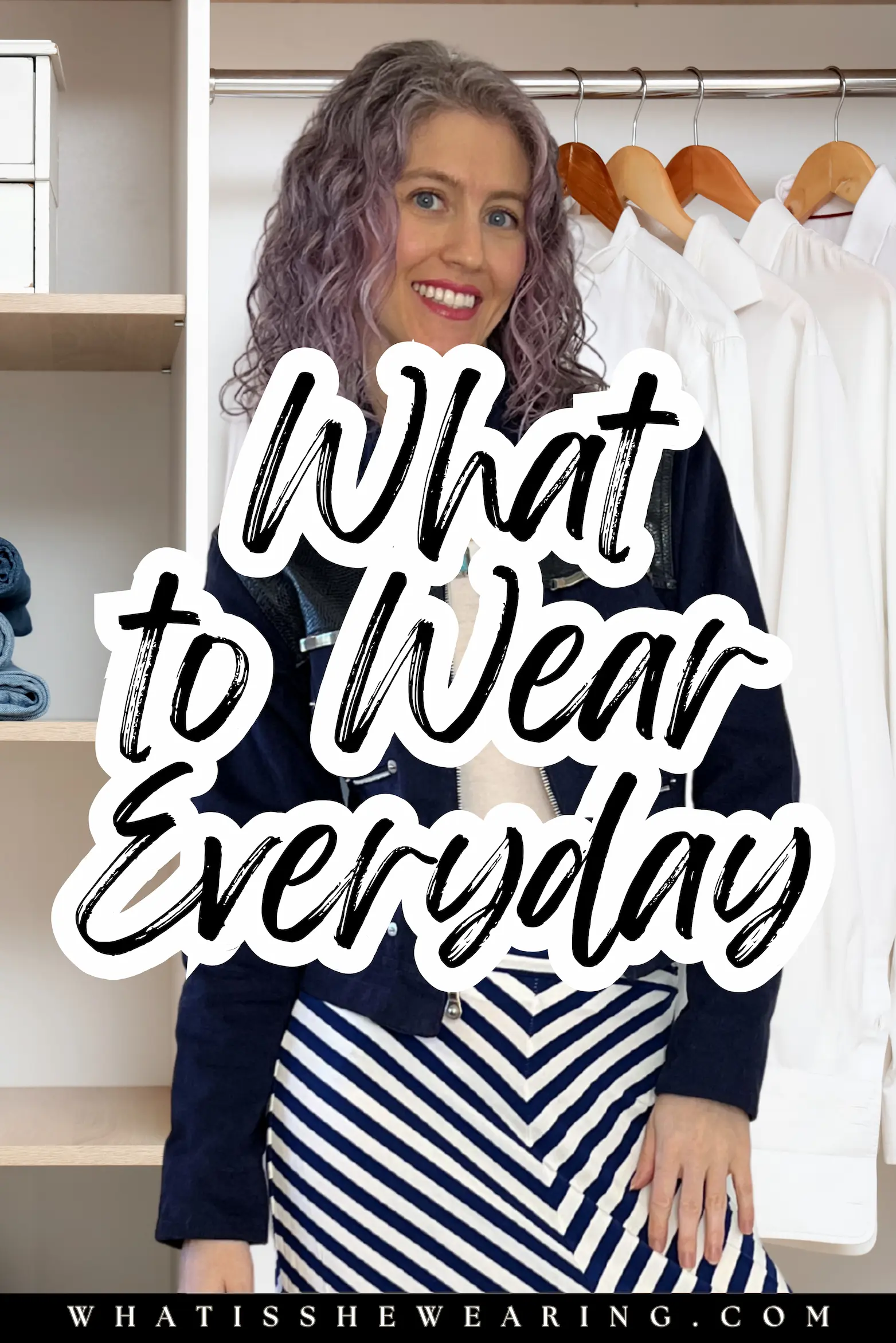 What to Wear Everyday Outfit Ideas Stylish woman in a casual everyday outfit formula featuring a denim statement jacket and a striped skirt with text overlay: What to Wear Everyday